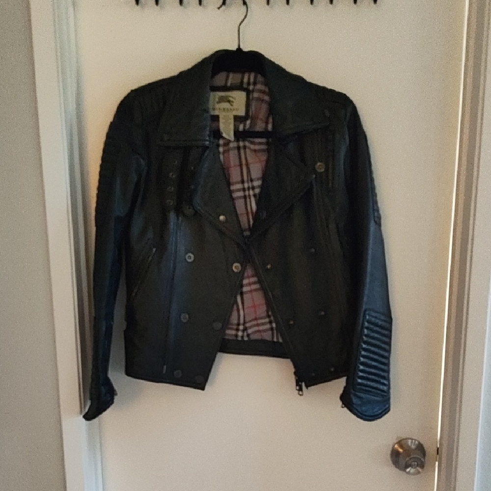 Burberry Black Leather Jacket with Plaid Lining